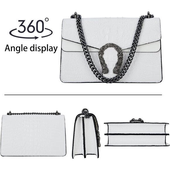 ⚡ Women's Crocodile White Snake Leather Print Casual Satchel Crossbody Handbag - Picture 5 of 7